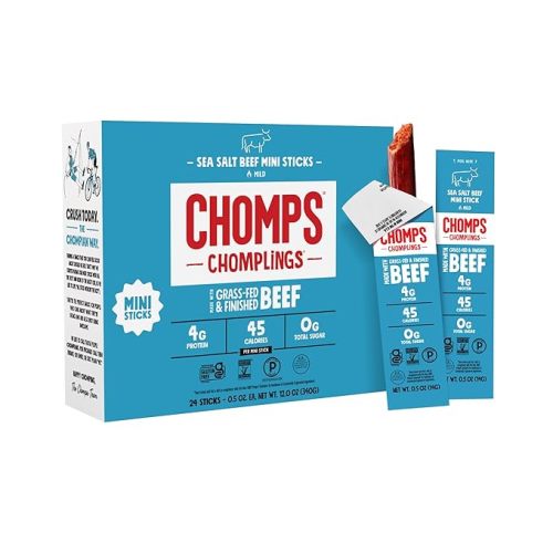 Chomps Snack Size Grass-Fed Original Beef Jerky Snack Sticks 0.5oz 24-Pack - Keto, Paleo, Whole30, 4g Lean Meat Protein, Gluten-Free, Zero Sugar Food, Non-GMO Chomplings
