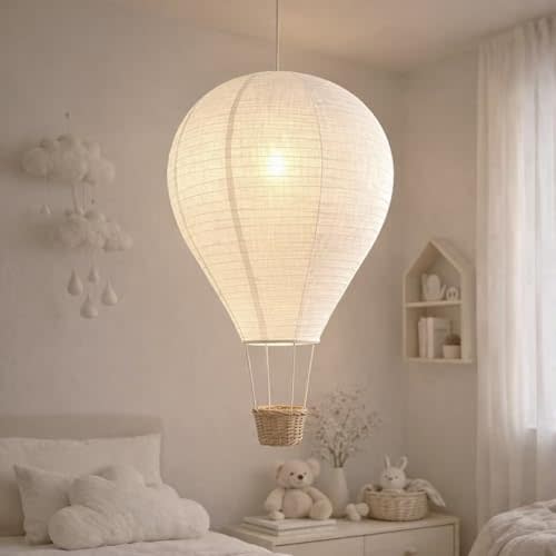 Hot Air Balloon Hanging Lampshade, Handmade Faux Linen Decorative Pendant Shade for Nursery, Kids Room & Bedroom Decor, Woven Basket Detail, Approx. 14" Dia x 22" H, Lampshade Only