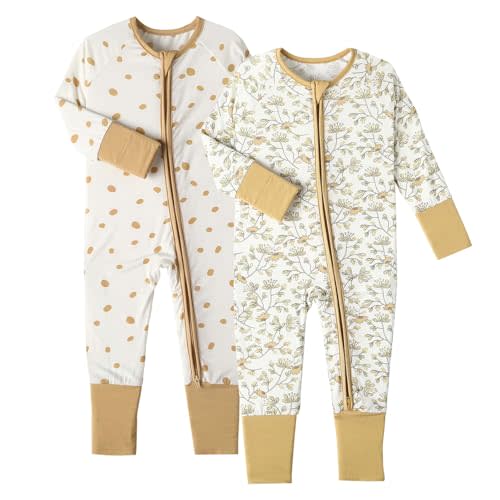 OPAWO Viscose from Bamboo Baby Pajamas Girl 2pack Mittens Cuff 2 Way Zipper Soft Footless Sleeper Baby Boy One-Piece Romper