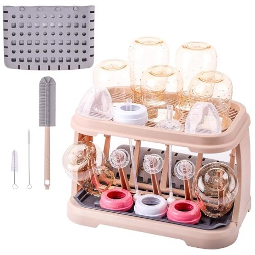 Baby Bottle Drying Rack with Brush & Dishwasher Basket - Space Saving Standing Drying Rack for Baby Bottles, Pump Parts & Accessories, Compact Organizer Holds Up to 8 Bottles (Pink Lotus Root)