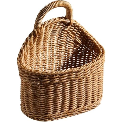 Hanging Wicker Rattan Basket, Hand-Woven Wall Mount Baskets Hanging Storage Basket Vegetable Fruit Shelf Basket Storage Bin, Bohemian Storage for Kitchen Home Office Restaurant Decor (B)