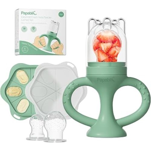 Papablic Easyhold Baby Fruit Food Feeder, Teething Relief Pacifier & Frozen Teether, BPA-Free Silicone Breastmilk Popsicle Molds, Summer Travel Essentials for Infants 4-12 Months