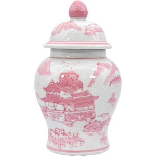 Galt International 8" Ceramic Ginger Jar w/Lid - Classic Chinese Style Porcelain Jar Tea Storage for Home Decor Decorative Centerpiece Vintage Accent Antique Vase Jingdezhen (Pink & White)