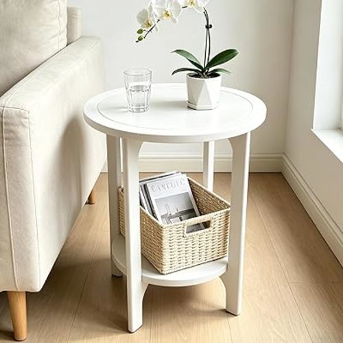 White Solid Wood Round Side Table for Living Room, Bedroom
