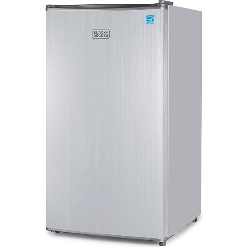BLACK+DECKER 3.2 Cu. Ft. Compact Refrigerator, ENERGY STAR Small Refrigerator, Single Door Mini Fridge with Chiller Compartment, Personal Fridge for Home or Dorm Room, BCRK32V, Stainless Look