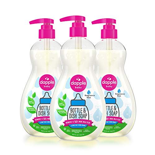 DAPPLE Baby Bottle and Dish Soap, Fragrance Free Dish Liquid, Plant Based, Hypoallergenic, 1 Pump Included, 16.9 Fluid Ounces (Pack of 3) (Packaging May Vary)