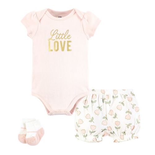 Hudson Baby Infant Girls Bodysuit, Short and Sock, Soft Pink Basic Tulip