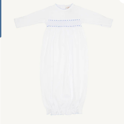 Sweetly Smocked Greeting Gown - Worth Avenue White with Buckhead Blue