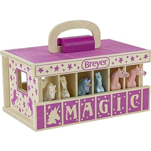 Breyer Unicorn Magic Wooden Carry Stable Playset with 6 Unicorns – Unicorn Gifts for Girls | Toys for Kids Ages 4–8 | Hand-Painted Horses in Carrying Case | Imaginative Play Set