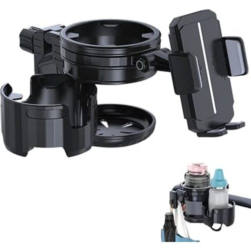 4-in-1 Universal Stroller Cup Holder – Adjustable Single/Double Cup & Phone Holder, 360° Rotatable, Anti-Slip Silicone Grip, Spill-Proof Design for Baby Strollers, bicycles,Wheelchairs, Shopping Carts