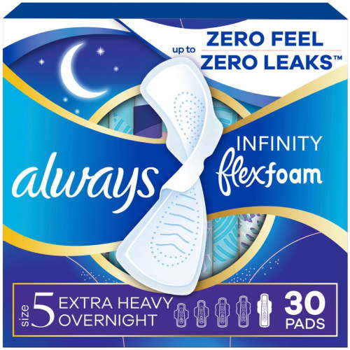 Always Infinity Feminine Pads, Size 5, Extra Heavy Overnight, Wings, Unscented, 30 Count