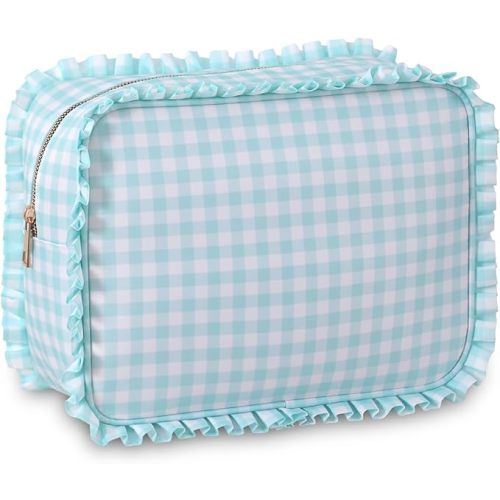 Gingham Ruffle Makeup Bag,Large Travel Cute Cosmetic Bag for Women Girls,Toiletry Bag Make up Organizer 10.8 x 4.5 x 8 inch (Pink Gingham)