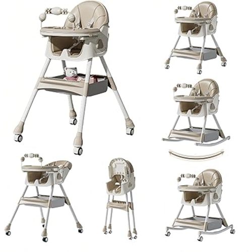 PU Leather Baby High Chair with Rocking Mode for Babies and Toddlers, Foldable Baby Eating Chair with Adjustable Backrests and Heights, Convertible Highchairs with Wheels (Khaki)