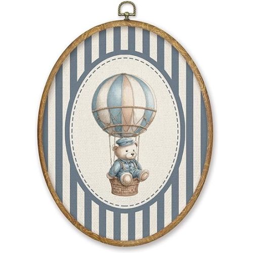 CGBHW Boho Bear Nursery Oval Wall Art Decor, Kids Room Canvas Prints Framed, Blue Striped Bear Hot Air Balloon Nursery Wall Art Hanging Decor for Home Kitchen Kids Boys Girls Room Bedroom Playroom, 8.6x11.4 Inch