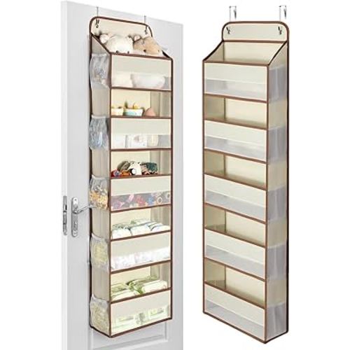 Yecaye 1 Pc 5 Tier Over the Door Organizer with 15 Pockets | 44lb Load Over the Door Storage | No Sagging Closet Organizers and Storage | Versatile Nursery Hanging Organizers for Home Dorm - Beige