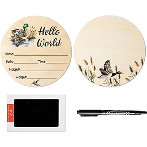 R HORSE Baby Birth Announcement Sign with Marker Pen, Mallard Duck Baby Name Sign with Ink Pad for Hand and Footprints, Wooden Hello World Newborn Announcement Nursery Decor Keepsake Gifts