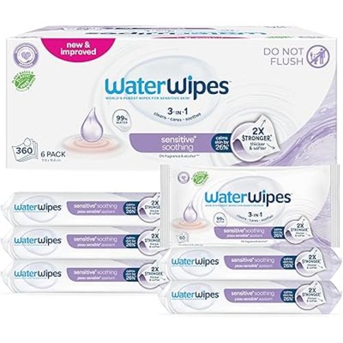 WaterWipes Sensitive+ Soothing Wipes, 3-In-1 Cleans, Cares, Soothes, 99% Water with Botanical Extract, Unscented & Hypoallergenic Baby Wipes, 360 Count (6 Packs)