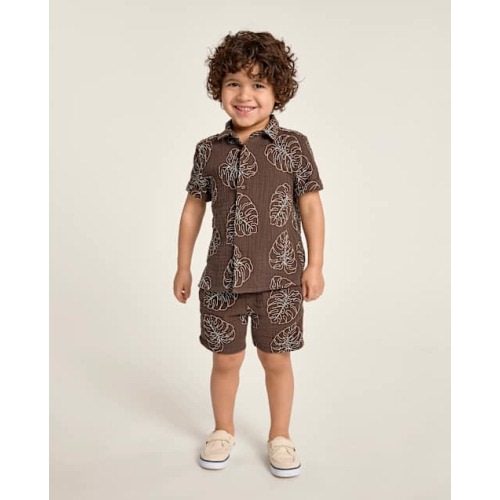 Boys Embroidered Tropical Leaf Gauze Pull On Shorts - Amalfi Coast - Brown