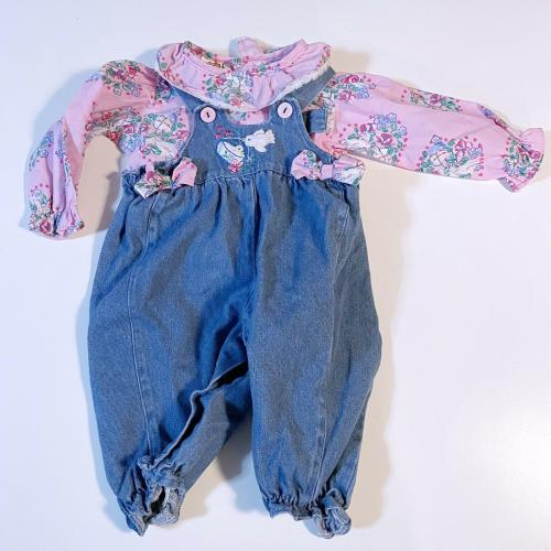 Vintage Cuties By Judy Infant overalls Floral Shirt Ruffles Pink Bird 3-6 M