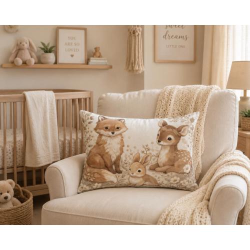 Woodland Animal Lumbar Pillow Neutral Nursery Decor Fox Deer Bunny Throw Pillow Baby Room Cushion Kids Room Decor Woodland Nursery Gift