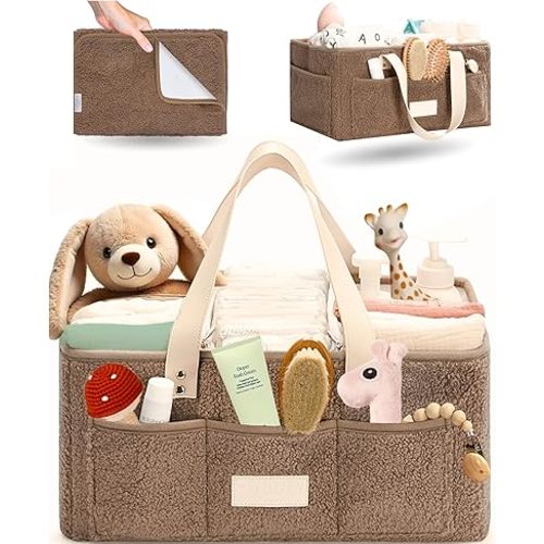 Baby Diaper Caddy Organizer with Portable Changing Mat - Teddy Fleece Diaper Organizer for Changing Table - Basket for Changing Essentials - Baby Essentials Organizer with Removable Dividers