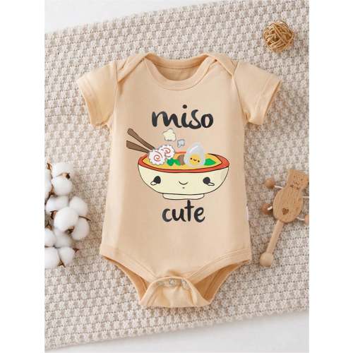 100% Cotton Baby Short Sleeve Tee, Letter Print Round Neck Unisex Summer Clothes Easy Diaper Change Indoor Outdoor Wear