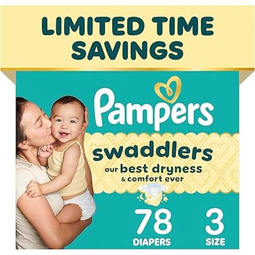 Pampers Swaddlers Diapers, Size 3 (13-26 lbs), 78 Count, Hypoallergenic, Absorbent, Keeps Baby Dry and Comfortable, Skin Safe Disposable Baby Diaper