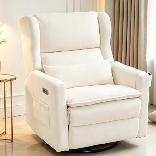 Power Recliner Chair Swivel Glider, Oversized Swivel Rocker Recliner with Adjustable Headrest,Comfy Chenille Glider Rocking Nursery Chair with Overstuffed Lumbar Support, USB Ports, White