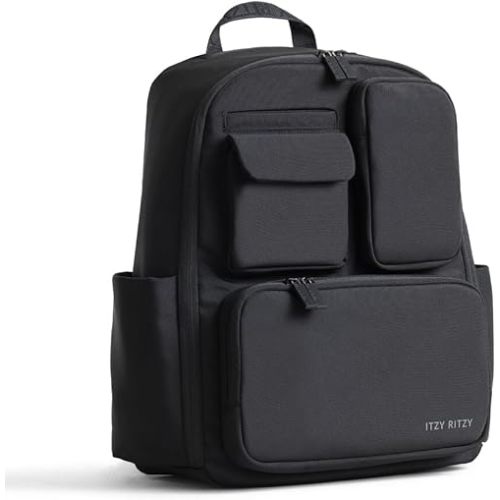 Itzy Ritzy Utility Diaper Bag Backpack – Features 17 Pockets (Including 2 Insulated Bottle Holders) & Trolley Sleeve and Includes Stroller Straps & Changing Pad – Part of the Belong Collection (Black)