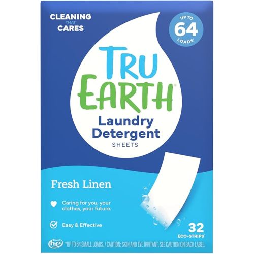 Tru Earth Compact Dry Laundry Detergent Sheets - Up to 64 Loads (32 Sheets) - Paraben-Free - Original Eco-Strip Liquidless Laundry Detergent, Laundry Sheets - Fresh Linen (Made in Canada)