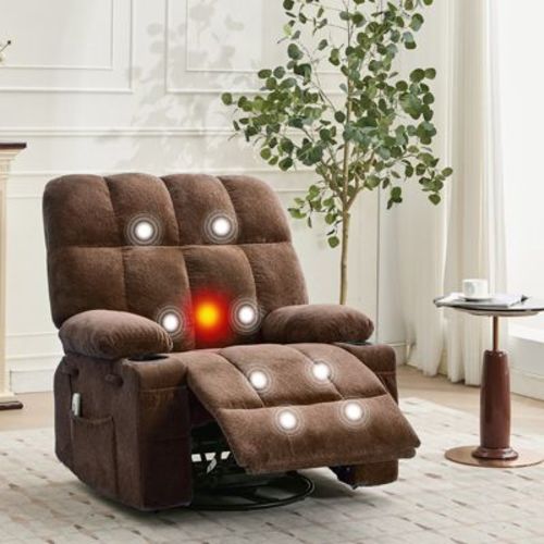 Swivel Rocker Recliner Chair with Massage and Heat, Manual Reclining Living Room Chair with 8-Point Vibration Massage, Lumbar Heating, Brown