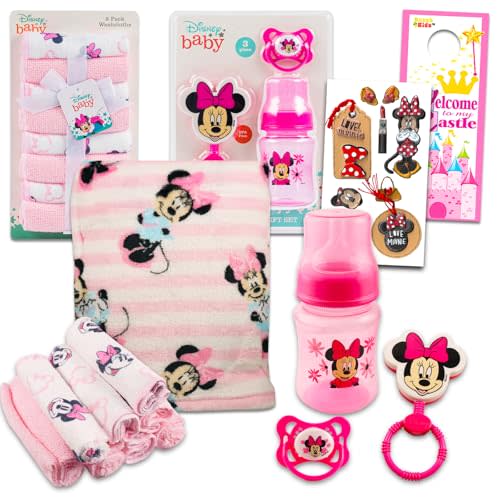 Disney Minnie Mouse Baby Gift Set, Baby Shower Gifts Girls Neutral - 12 Pc Newborn Essentials Bundle with Blanket, Towels, Rattle, Bottle, Pacifier, Scrapbook Stickers, More