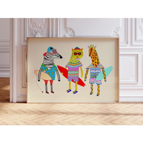 Surfer Friends Art Print, Kids Wall Decor, Children's Playroom Gift, Surfing Animal Illustration, Girls & Boys
