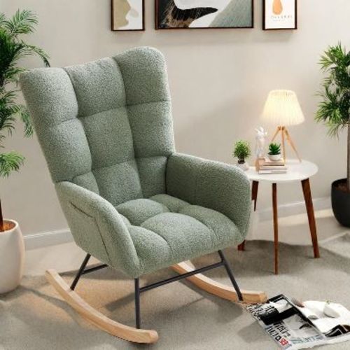 COZONY Nursery Rocking Chair, Plush Teddy Upholstered Glider Rocker with High Backrest, Comfy Accent Chair for Living Room, Bedroom,Green