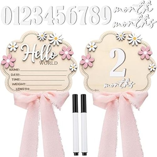 Amyhill Pink Bow Baby Announcement Sign Wooden 1-12 Monthly Milestone Blocks with Number Hello World Newborn Signs Pink Bow Baby's First Year Photo Prop Wood Newborn Shower Gift for New Parents