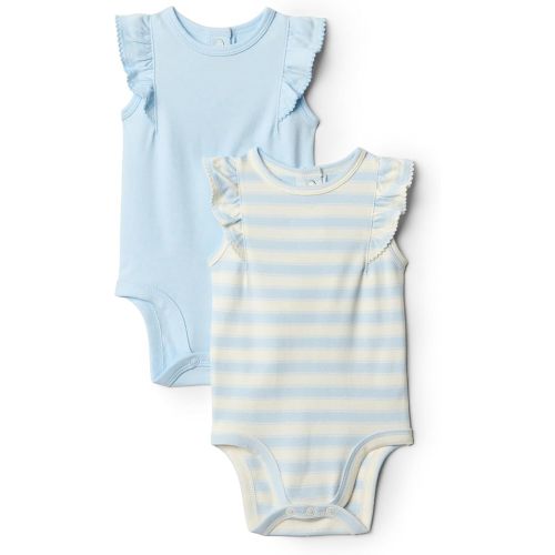 Amazon Essentials Baby Girls' Baby Girls' 2-Pack Sleeveless Ruffle Bodysuit, Light Blue/Stripe, 6-9 Months