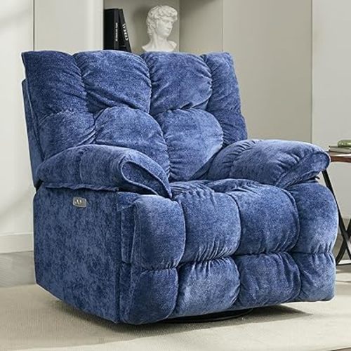 Oversized Rocker Recliner Chair,Power Swivel Recliner for Living Room,Overstuffed Extra Wide Rocking Recliners with Breathable Soft Fabric,Up to 350lbs (Power, Blue)