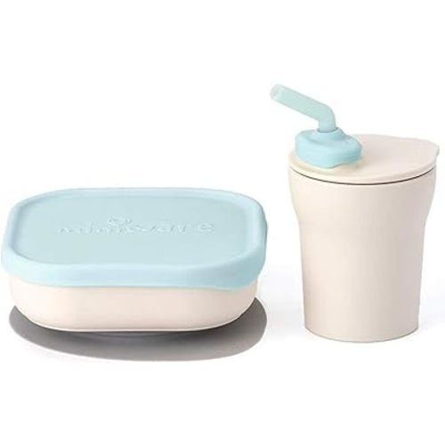 Miniware Sip & Snack Set with Snack Bowl, 1-2-3 Sip Drinking Cup, and Suction Foot for Baby Toddler - Promotes Self Feeding | Dishwasher Safe (Vanilla & Aqua)