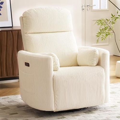 Oversized Power Recliner with Massage and Heat, Swivel Rocker Recliner with Adjustable Headrest, Glider Recliner Nursery Chair with 2 Pillows, rocking nursery recliner for Living Room,Corduroy Beige