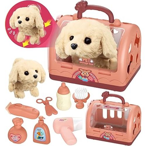 TEUVO Pet Care Play Set Robot Dog Toys for Kids 12Pcs Puppy Dog Toy Pet Walk Grooming Vet Toys Set with Interactive Electric Dog Plush & Cage Pretend Play Gifts for Girls Toddlers 3 4 5 6 7 8 Year Old
