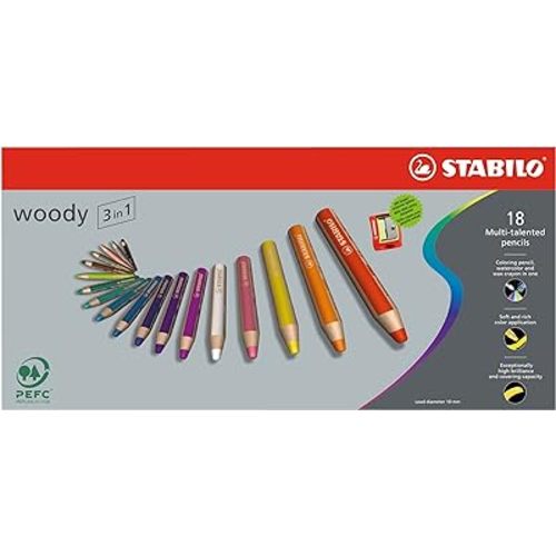 Multi-talented Pencil - STABILO woody 3-in-1 - Wallet of 18 - Assorted Colors + Sharpener