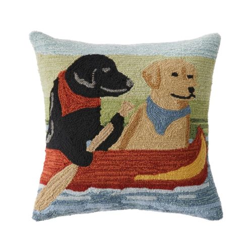 Indoor/Outdoor Hooked Pillow, Dogs in Canoe, 18" x 18"