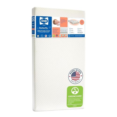Sealy Baby Infant & Toddler Crib Mattress - Butterfly Knit Premium Foam, Waterproof and Breathable, Non Toxic Washable Zip off Cover, GREENGUARD GOLD Certified, Made in USA, 52x28