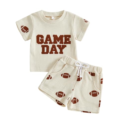 Kupretty Toddler Baby Boy Football Summer Outfits Game Day T-shirt Shorts | 3 6 12 18 24 Months 2T 3T Baby Clothes Summer Outfit Game Day Waffle Knit Embroidery Tee & Shorts Set Birthday Gift