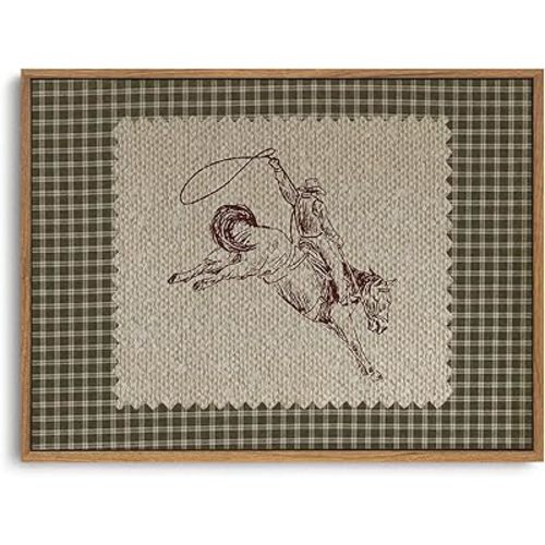 ZZLWBKGL Vintage Western Framed Wall Art Farmhouse Cowboy Canvas Wall Art Retro Gingham Plaid West Stamp Pictures Decor Mid Century Rodeo Art Prints for Living Room Bedroom