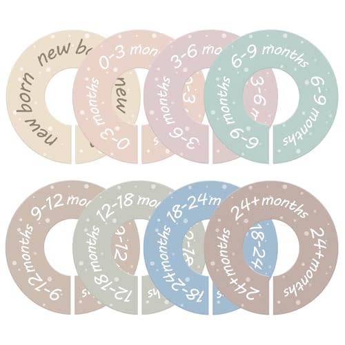 Baby Closet Dividers - 8 Pack Round Baby Clothes Dividers with Permanent Month Markers, No Fading Hanging Nursery Organizers for Baby Shower Gifts, Fits Most Standard Closet Rods