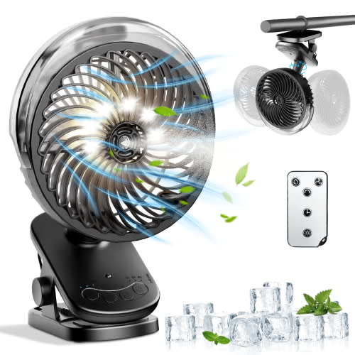BIGHOUSE Auto-Oscillating Rechargeable Clip-On Fan With Mister 6000mAh Remote Control For Cooling And Sleep