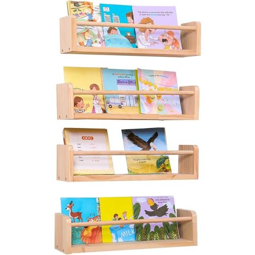 Nursery Book Shelves for Wall Set of 4, Pine Wood Bookshelves Wall Decor, Small Floating Nursery Shelf Organizer for Kids Room