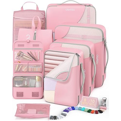 8 Set Packing Cubes for Travel, Gifts for Women Mom,Anti-Tearing Suitcase Organizer for Luggage with Shoe & Hanging Toiletry Bag,OlarHike Vacation Essentials & Accessories for Cruise Ship,Dream Pink