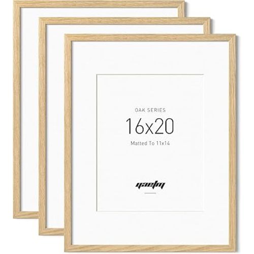 Yaetm Minimalist 16x20 Oak Picture Frame with Mat for 11x14, Natural Solid Oak Wood 16x20 Frame Set of 3, Lightweight, Wall Mount, Wall Gallery for Home & Office, 3 Pack
